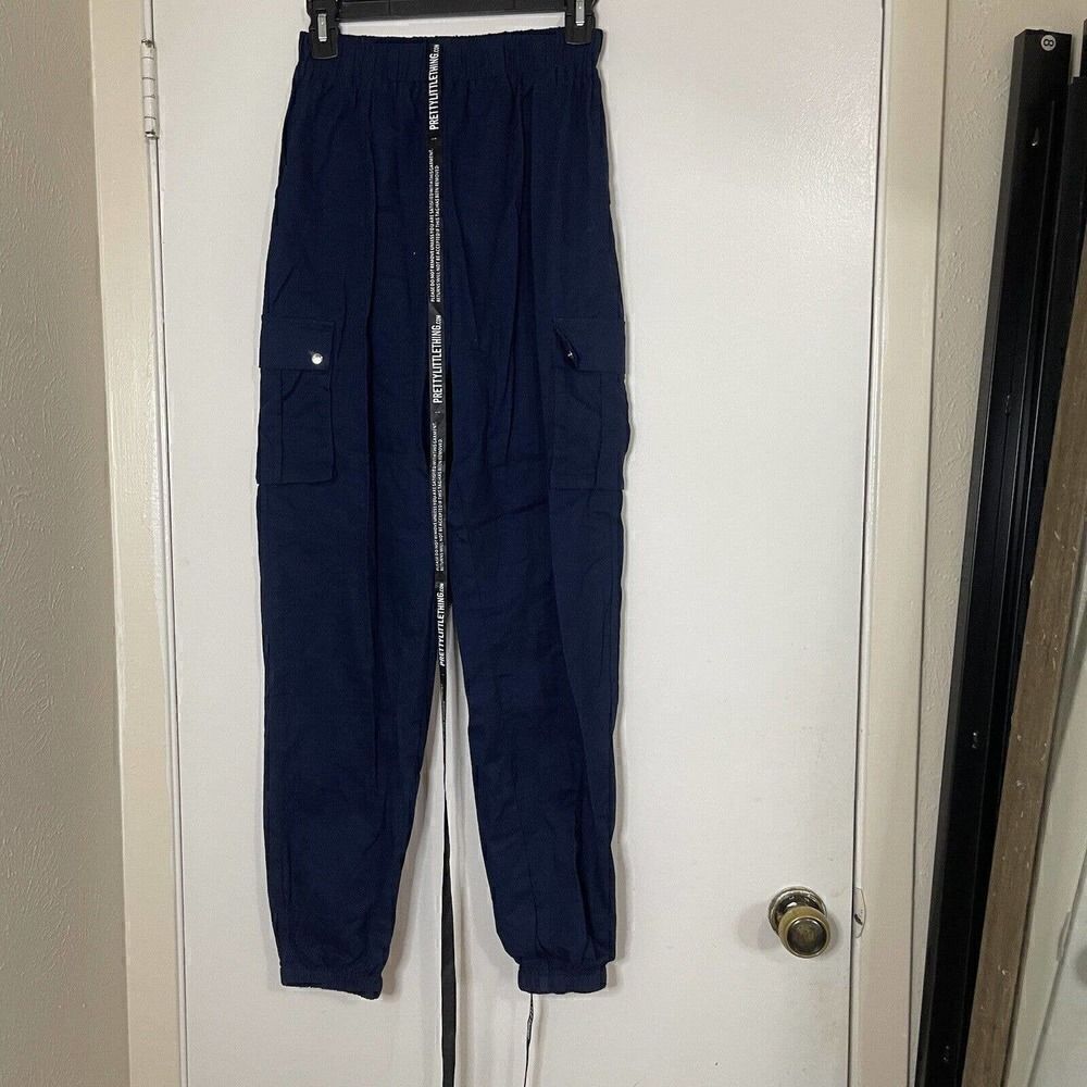 NEW! Pretty Little Thing blue pull on cargo jogger pants size US 4